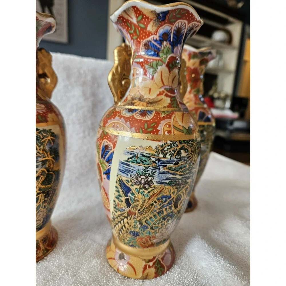 Vintage Set Of 3 hand paint Chinese Decorative Vase Coastal Birds Flowers 8 Inch